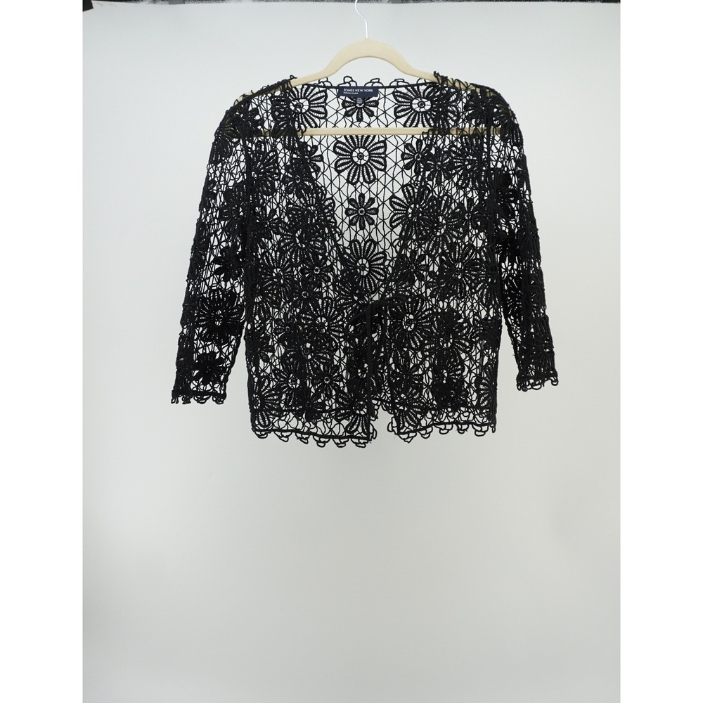 Jones NY tie front Cardigan‎ Floral Crochet Lace Boho Goth Whimsigoth Black S/M